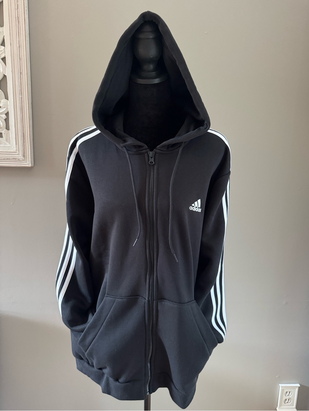 adidas Black Hooded Zip Jacket with White Three-Stripe Detail
